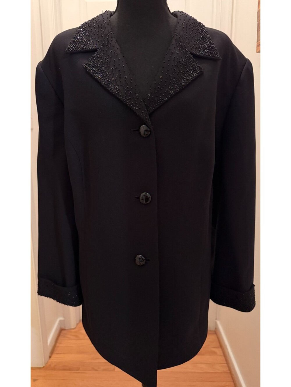 Kasper Woman 20W Black Beaded Blazer Jacket Evening Formal Sequin Collar Cuffs